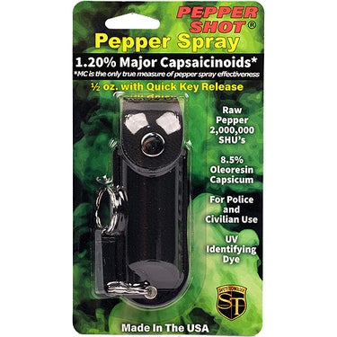 Pepper Shot 1.2% MC 1/2 Oz Pepper Spray Leatherette Holster And Quick Release Keychain